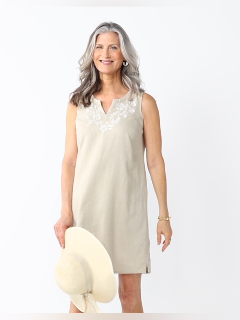 Sleeveless Embroidered V-Notch Shift Linen Dress in Light Beige